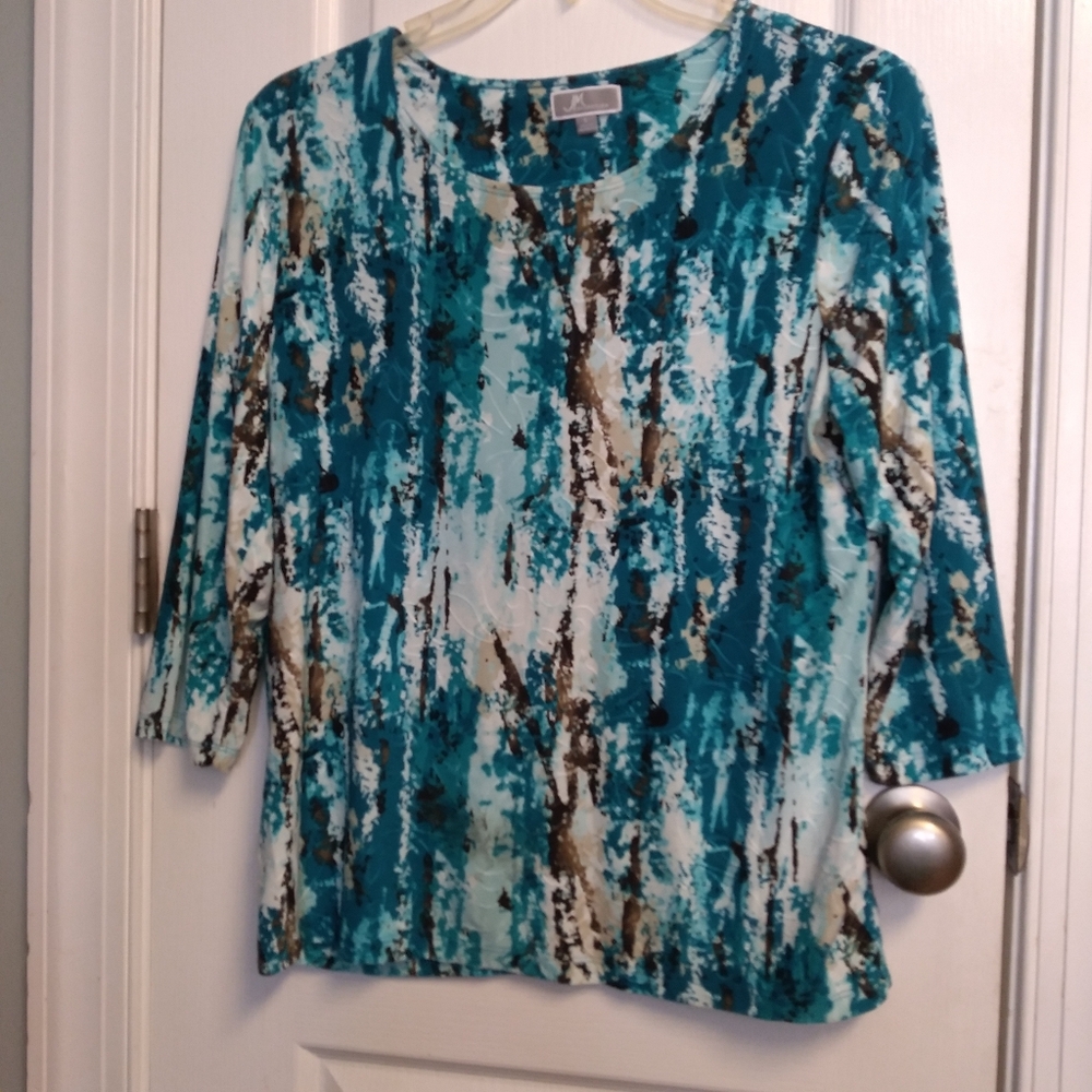 Mauve Teal and Brown Abstract Blouse Embroidery Art To Wear L Like New Career